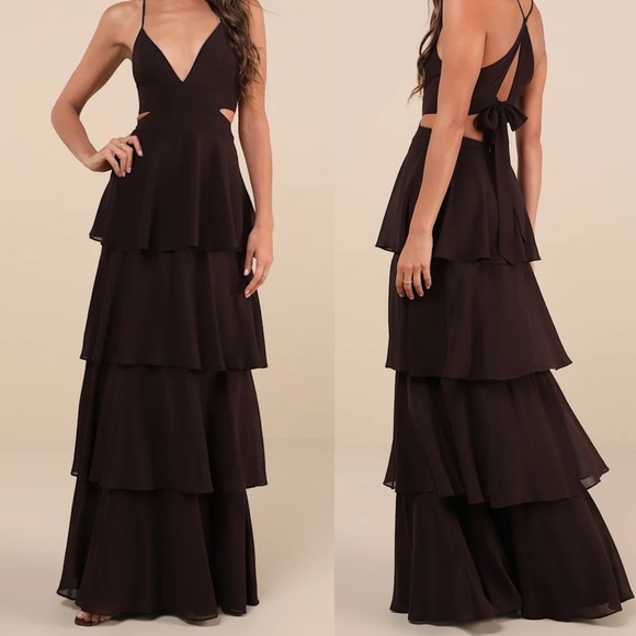 NWOT Tier and Now Dark Brown Tie-Back Tiered Maxi Dress - Picture 1 of 2